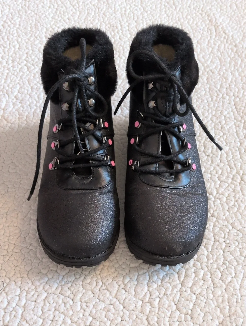 Juicy Couture Lace Up Sparkle Faux Fur Ankle Boots Gorpcore Feminine Whimsigoth